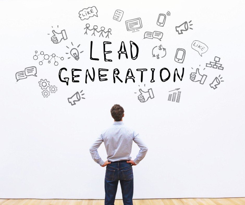 A person facing a wall of lead-generation ideas and communication symbols.
