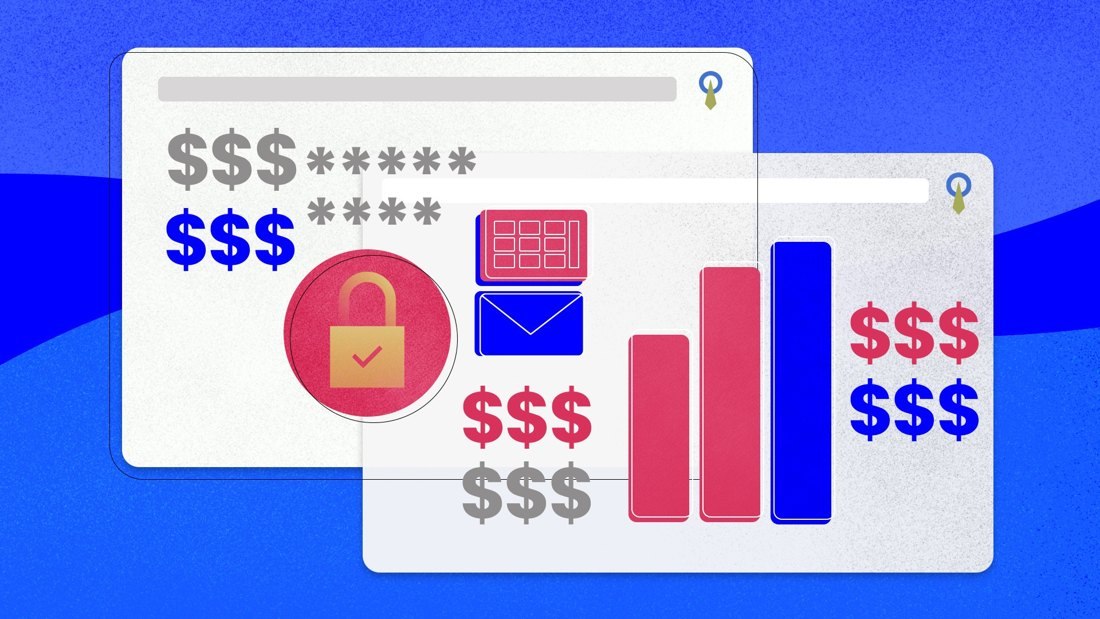 Illustration of a padlock alongside web pages containing account and payment information.