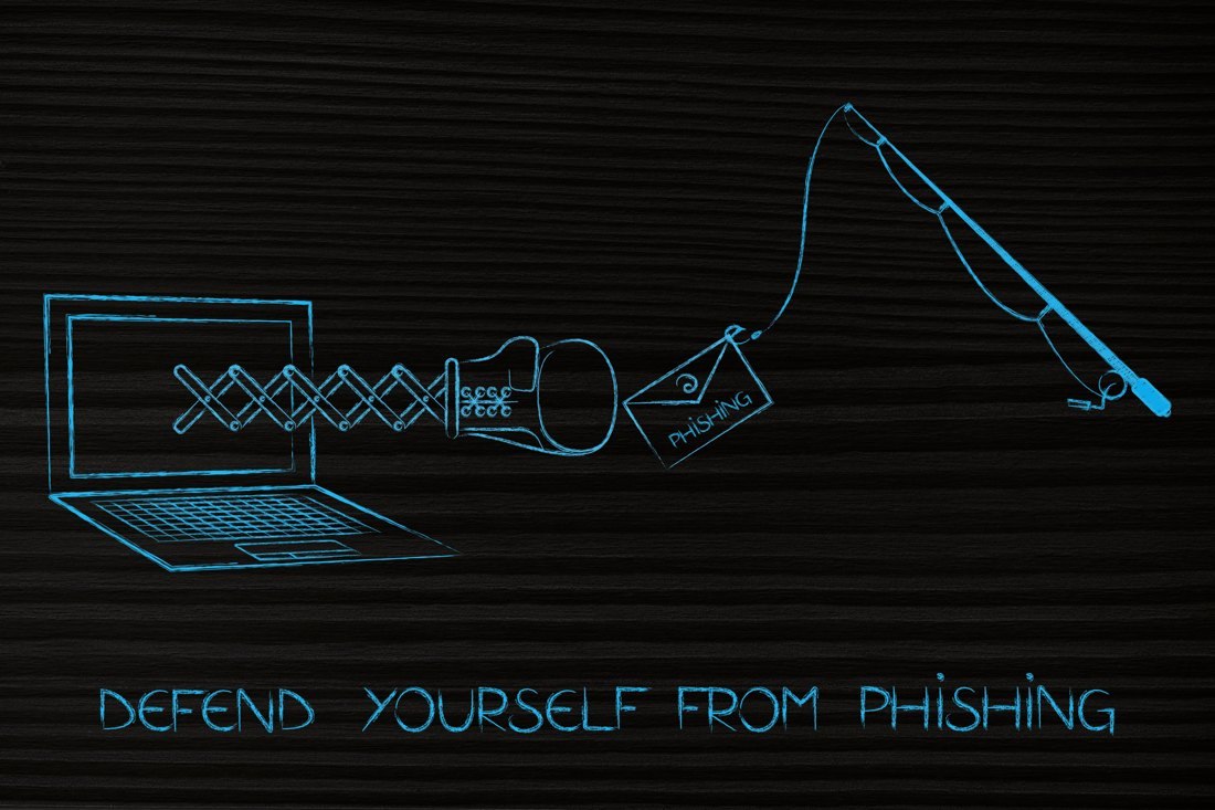 Illustration of a fishing hook aimed at a laptop password field, warning about phishing.