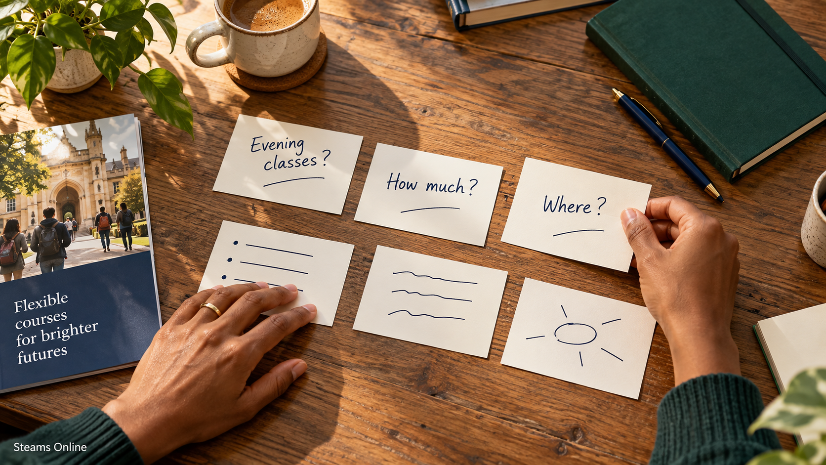 Hands arranging cards labeled Evening classes?, How much?, and Where? on a wooden desk beside a notebook and course brochure.