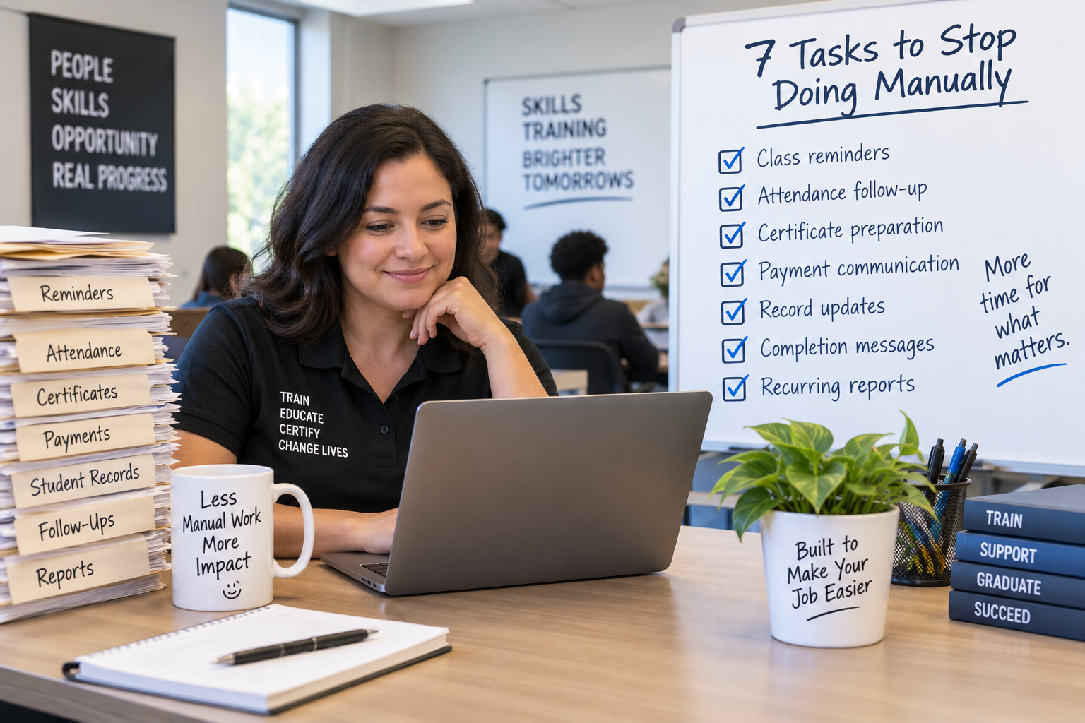 Training school staff member at a laptop beside a checklist of seven repetitive administrative tasks to simplify, including reminders, attendance, certificates, payments, record updates, completion messages, and reports.