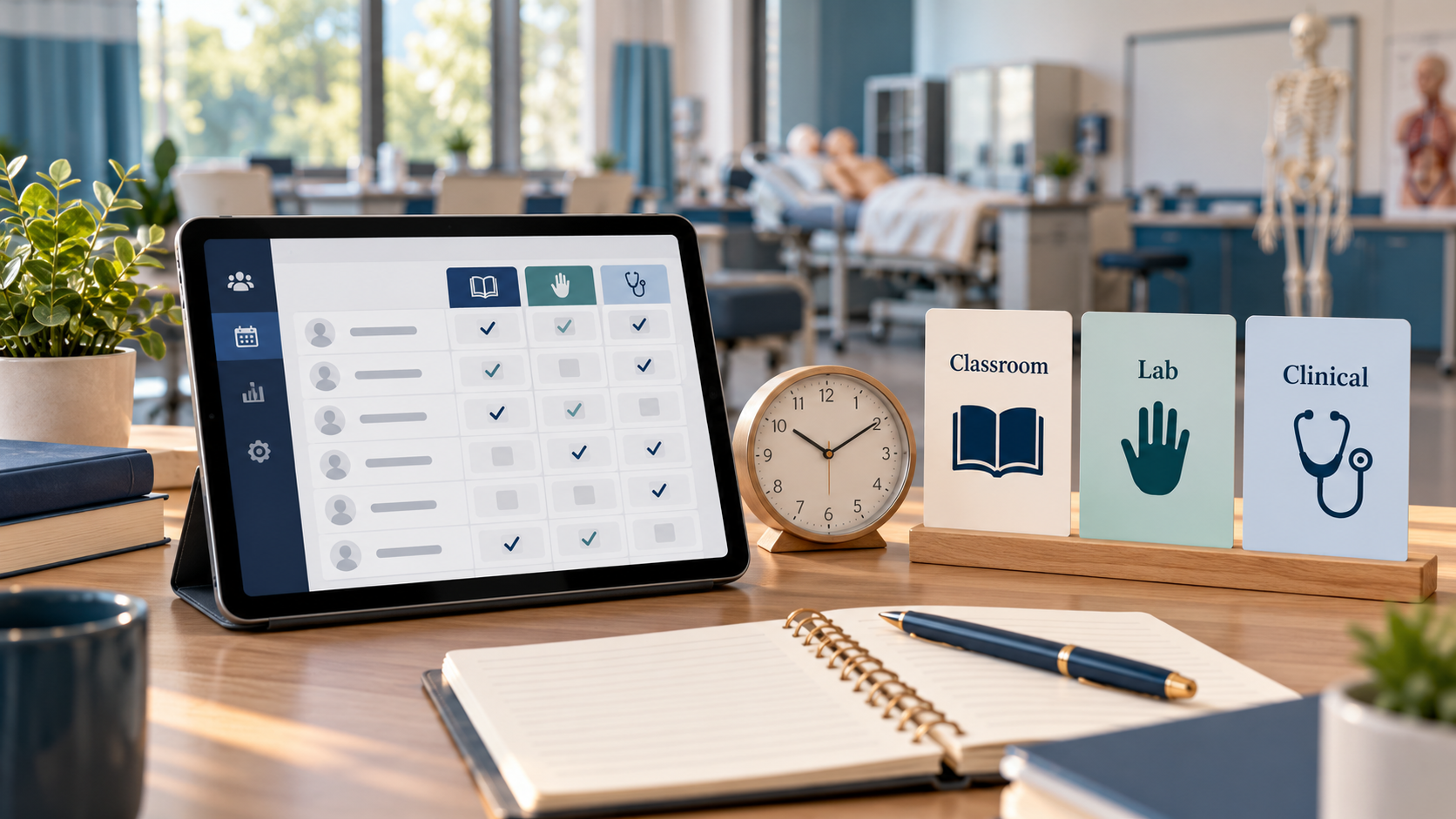 Illustration of classroom, skills-lab, and clinical session cards beside a clock and instructor attendance tablet.
