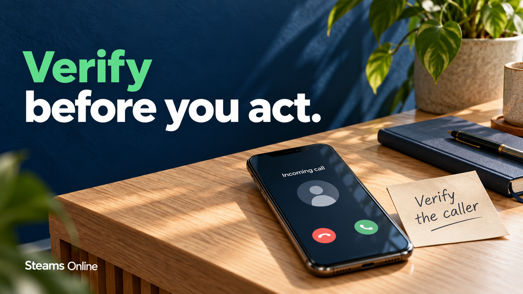 A smartphone displaying an incoming call beside a handwritten reminder to verify the caller, with the headline “Verify before you act
