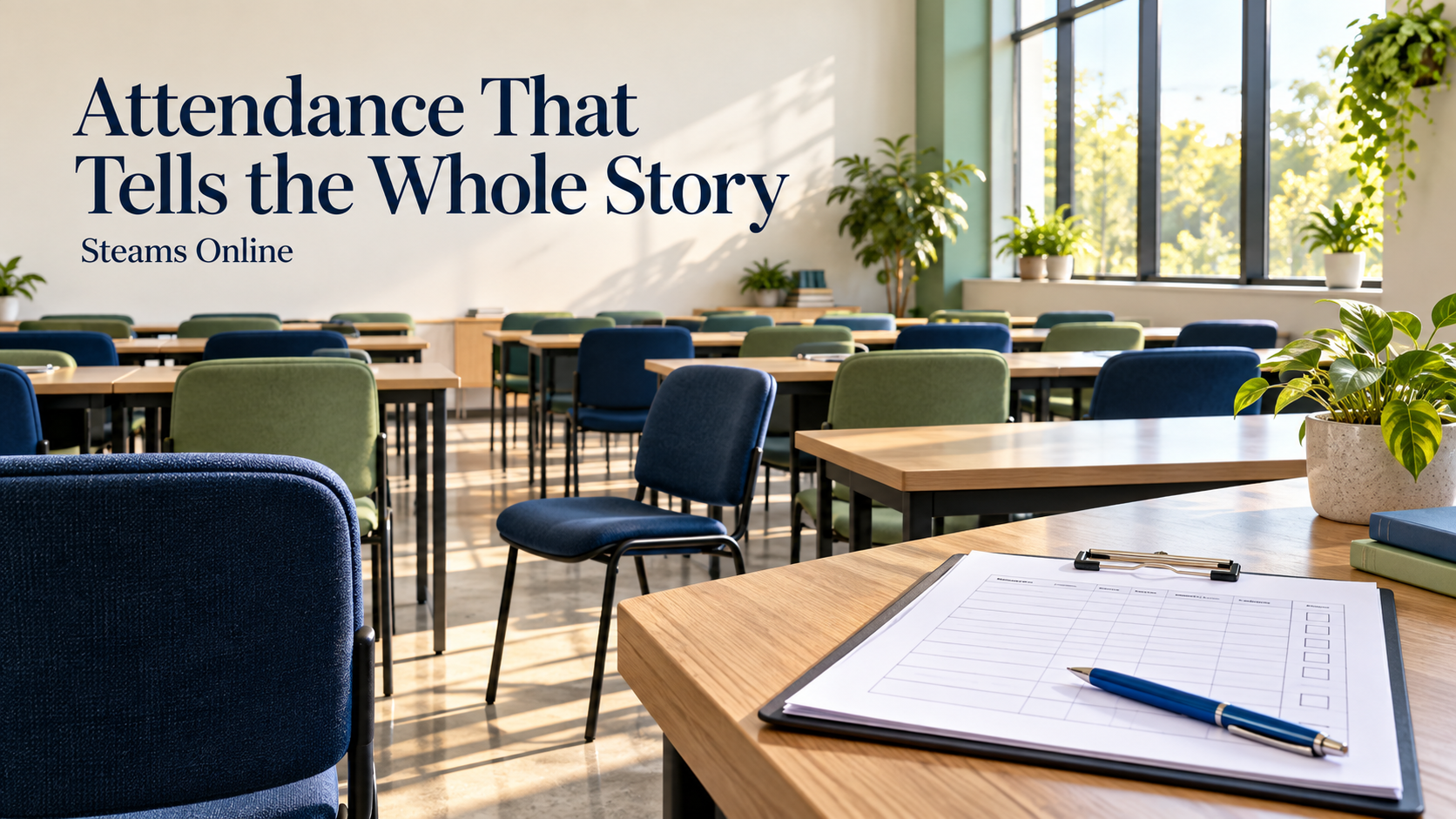 An empty training classroom with blue and green chairs and an attendance clipboard beneath the headline “Attendance That Tells the Whole Story