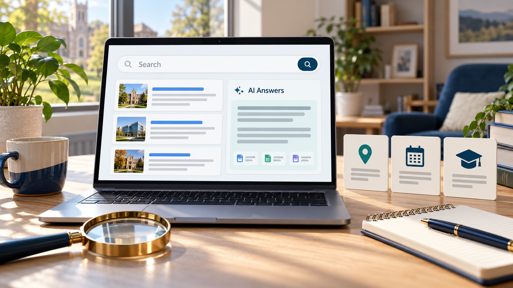 Illustration of a laptop showing search results and an AI answer panel beside school information cards.