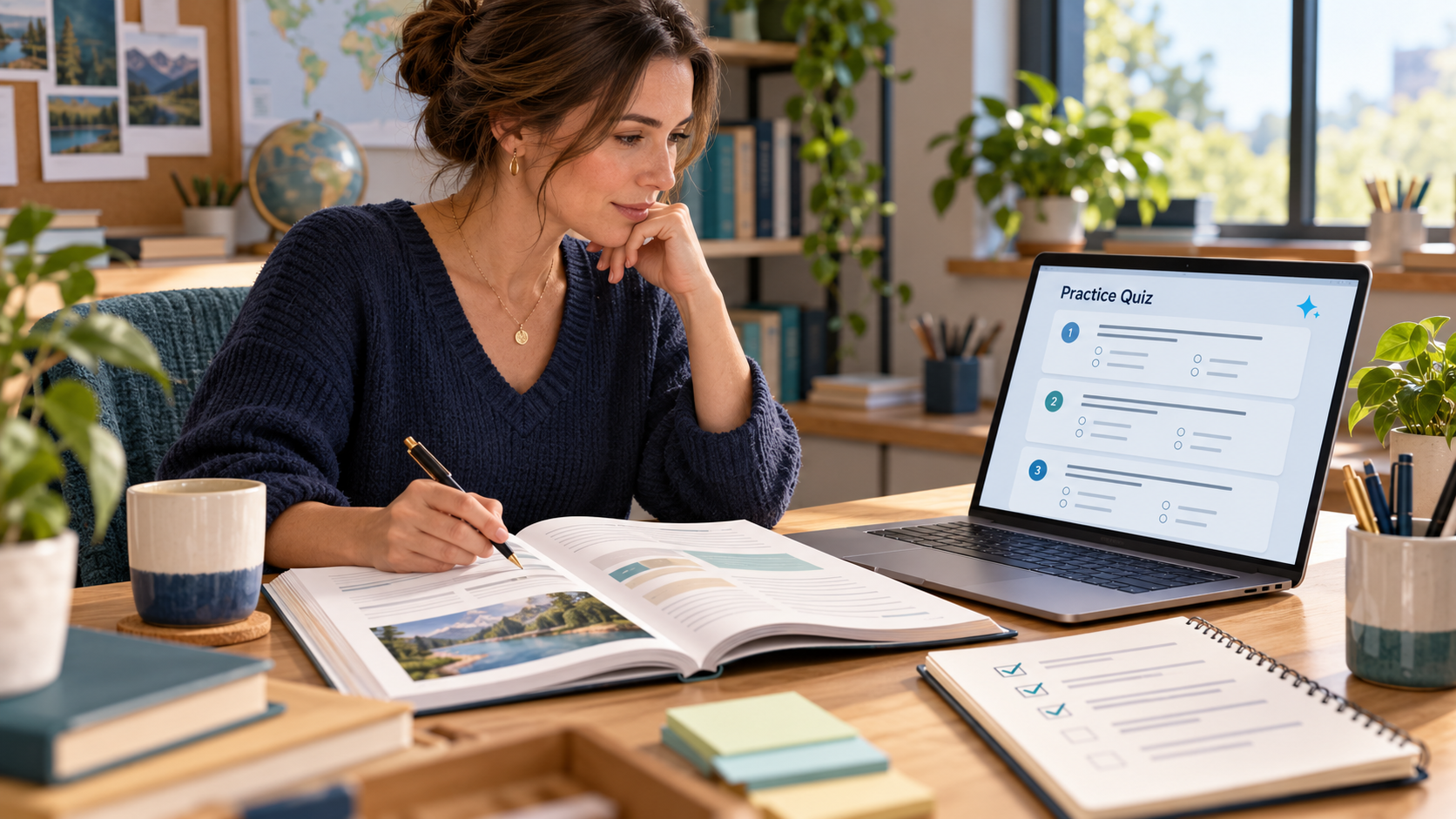 Illustration of an instructor reviewing AI-drafted quiz questions on a laptop beside an open lesson guide.