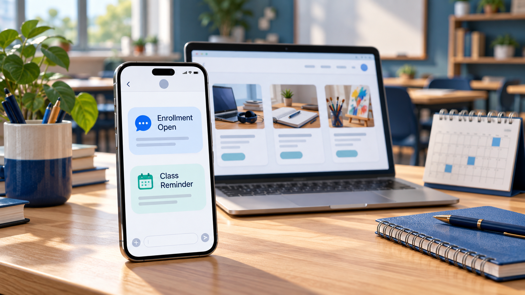 Illustration of a smartphone showing enrollment and class reminder messages beside a laptop and desk calendar.
