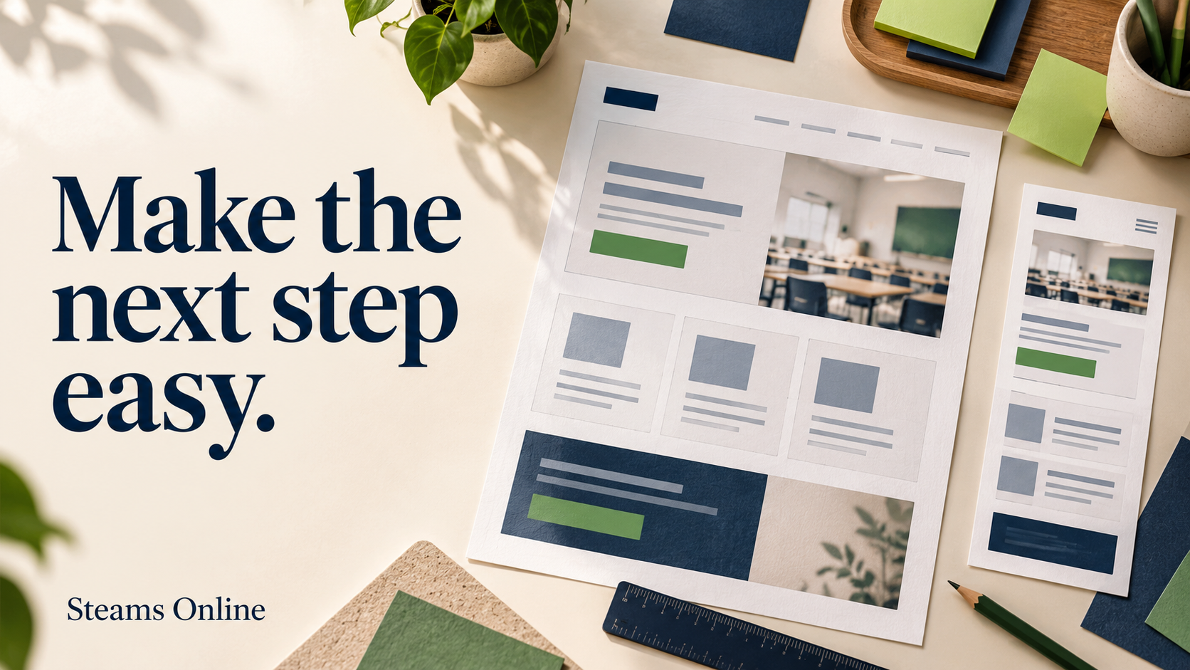Paper website layouts and a mobile page mockup arranged on a design desk, with the headline “Make the next step easy.