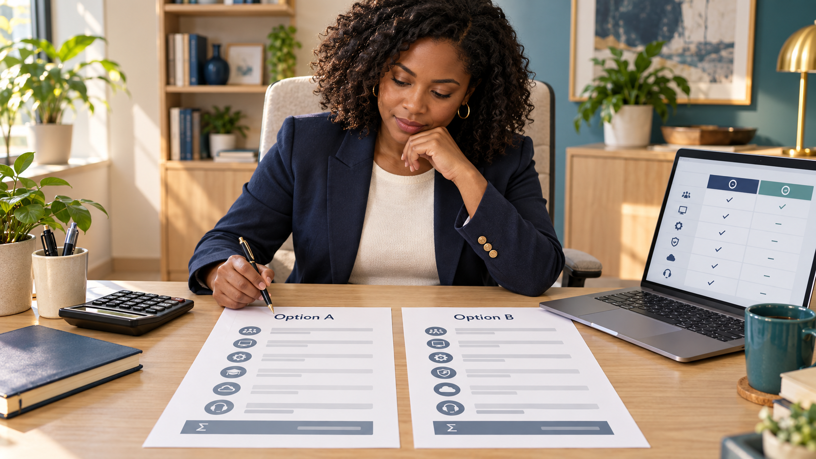 Illustration of a school administrator comparing two software cost worksheets beside a calculator and laptop.