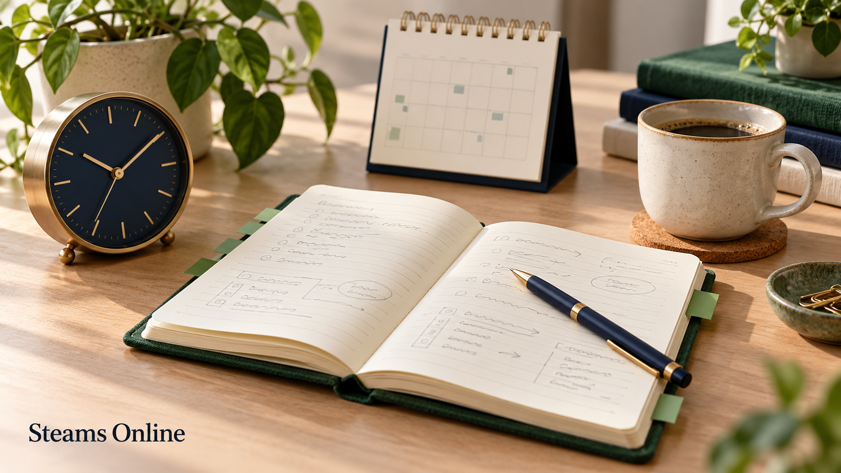 An open green progress journal with a navy pen beside a desk clock, calendar, and coffee cup.