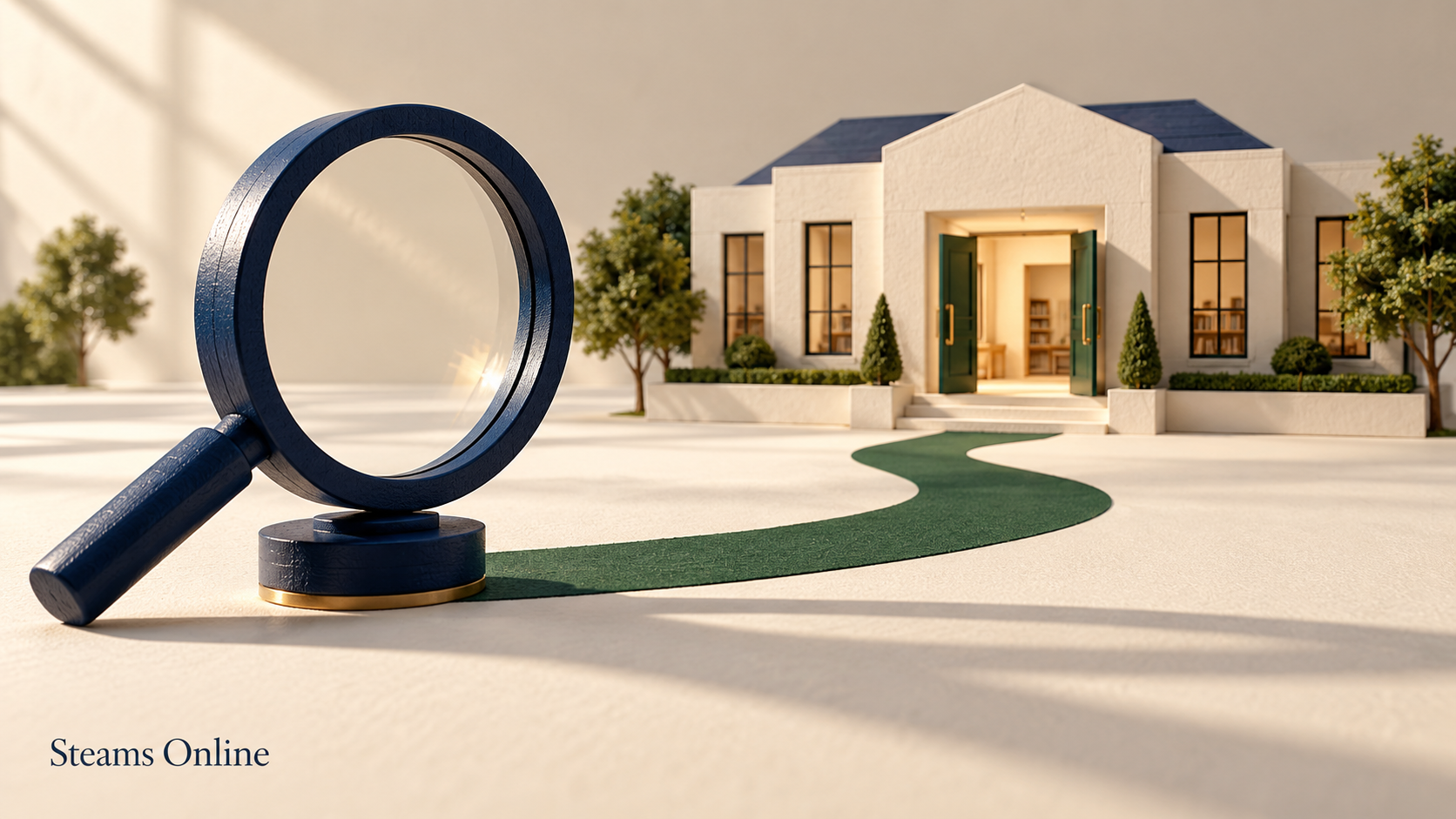 A navy magnifying glass beside a green path leading to the open entrance of a miniature training sch