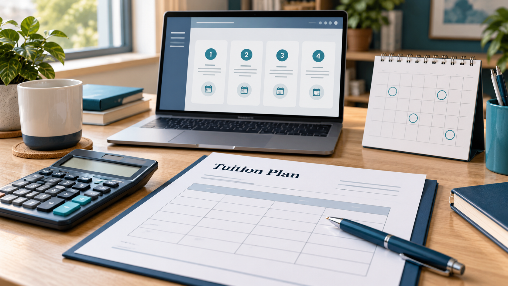 Illustration of a tuition payment worksheet, calculator, and installment calendar beside a laptop.