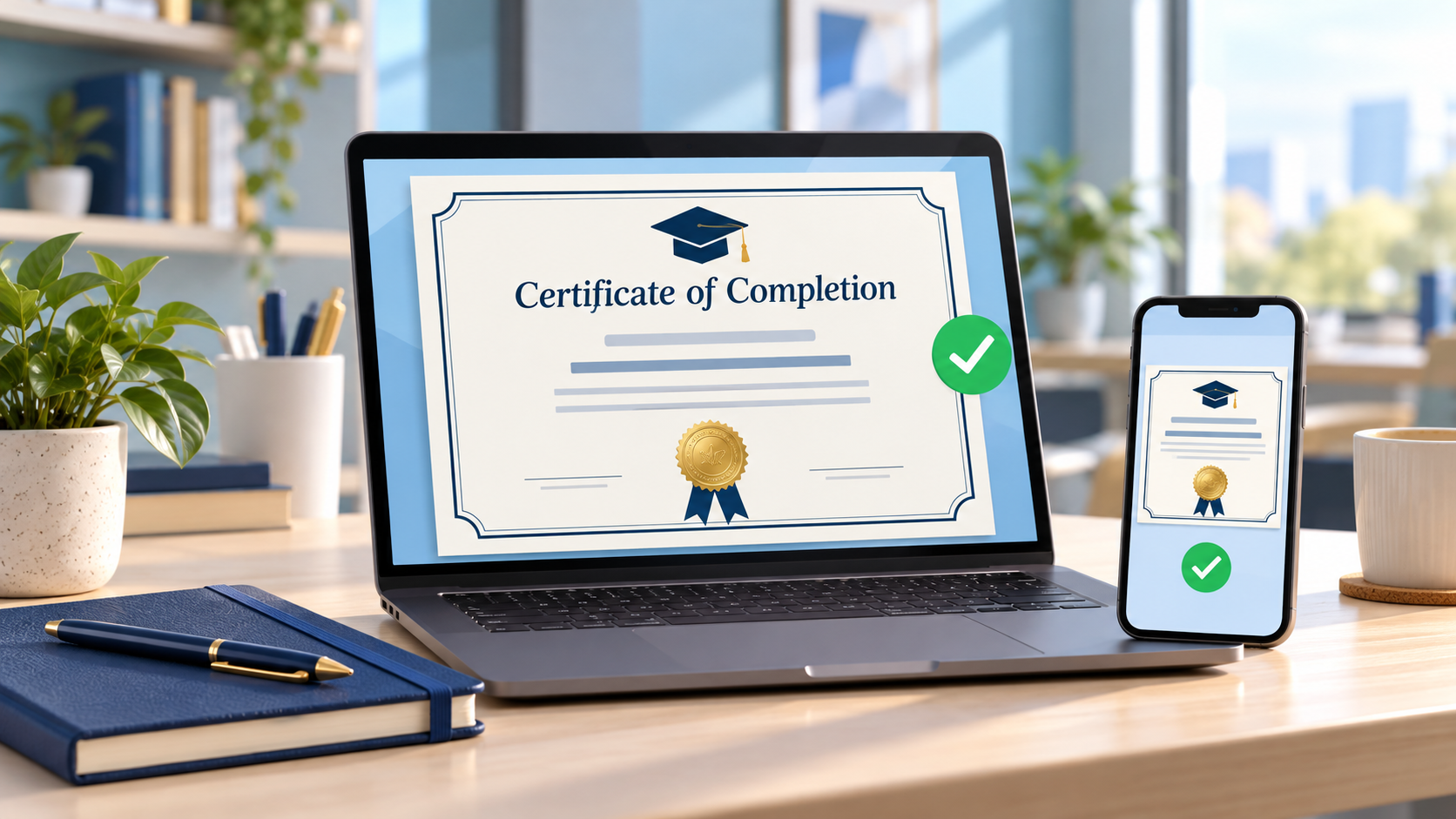 Illustration of a course completion certificate displayed on a laptop and smartphone.