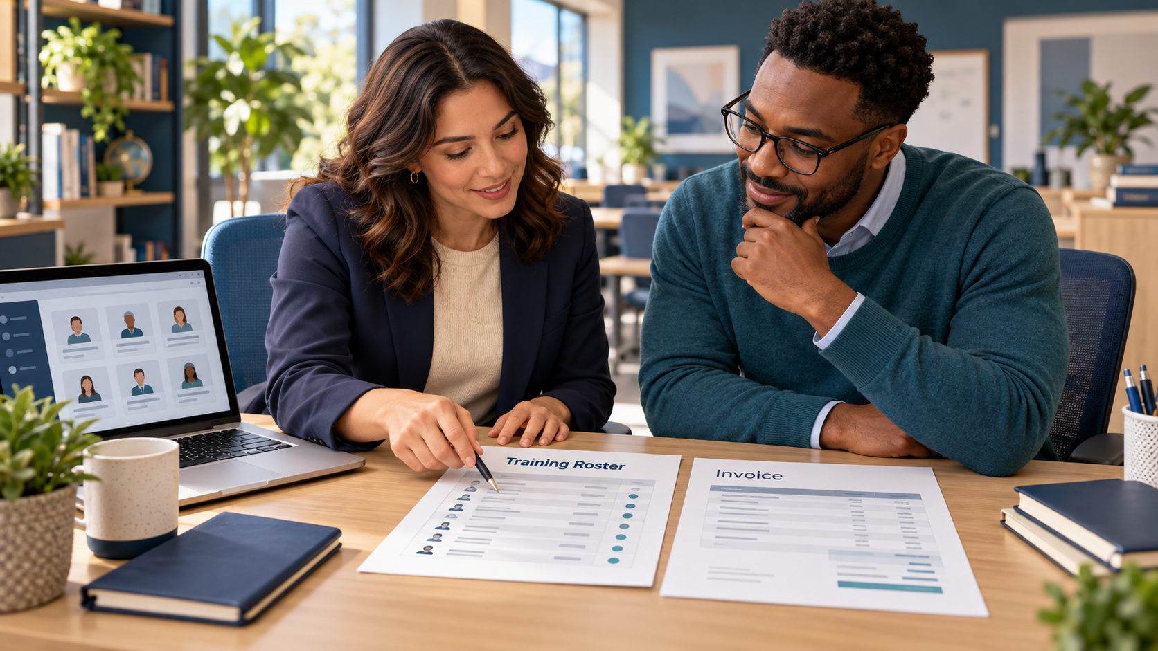 Illustration of an employer representative and school administrator reviewing a sponsored training roster and invoice.