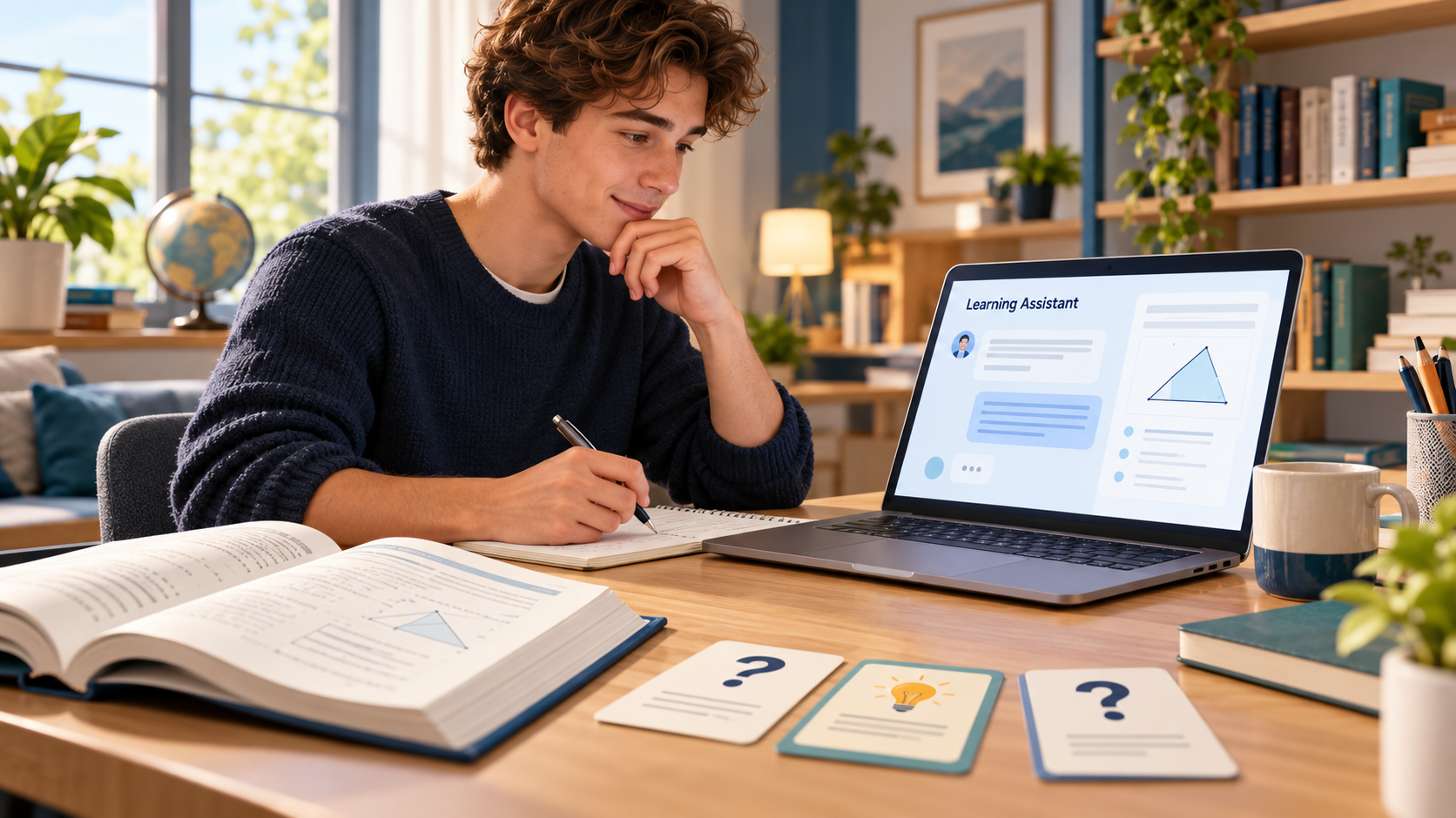 Illustration of a student using a learning assistant on a laptop, with a lesson book and question cards beside it.