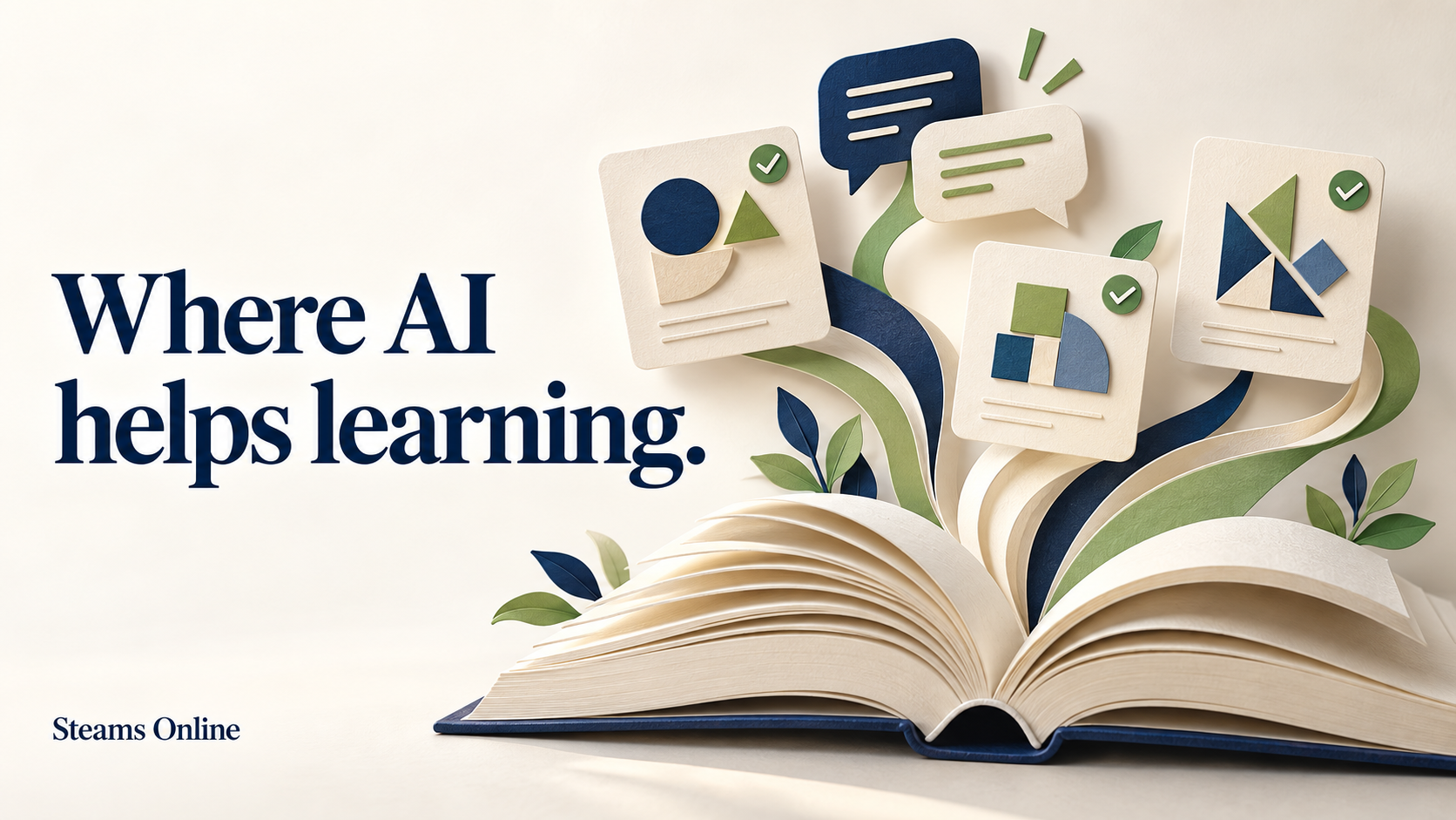 An open book with paper pathways leading to practice cards and speech bubbles, beside the headline “Where AI helps learning