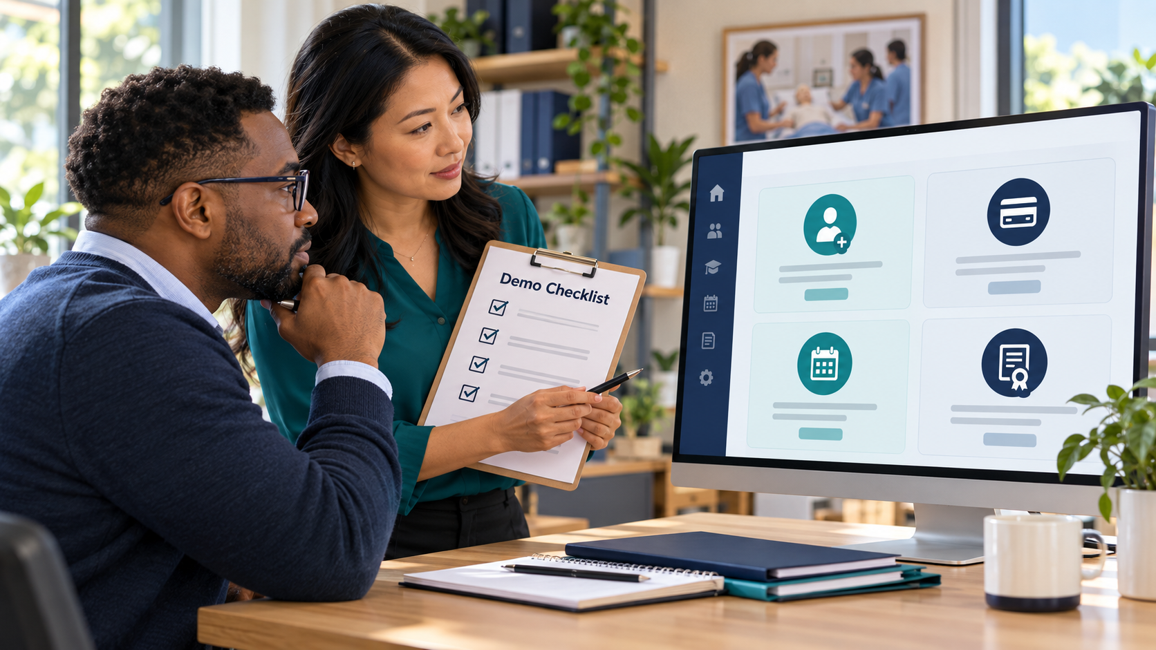 Illustration of two school administrators reviewing a software demonstration and checklist on a large monitor.