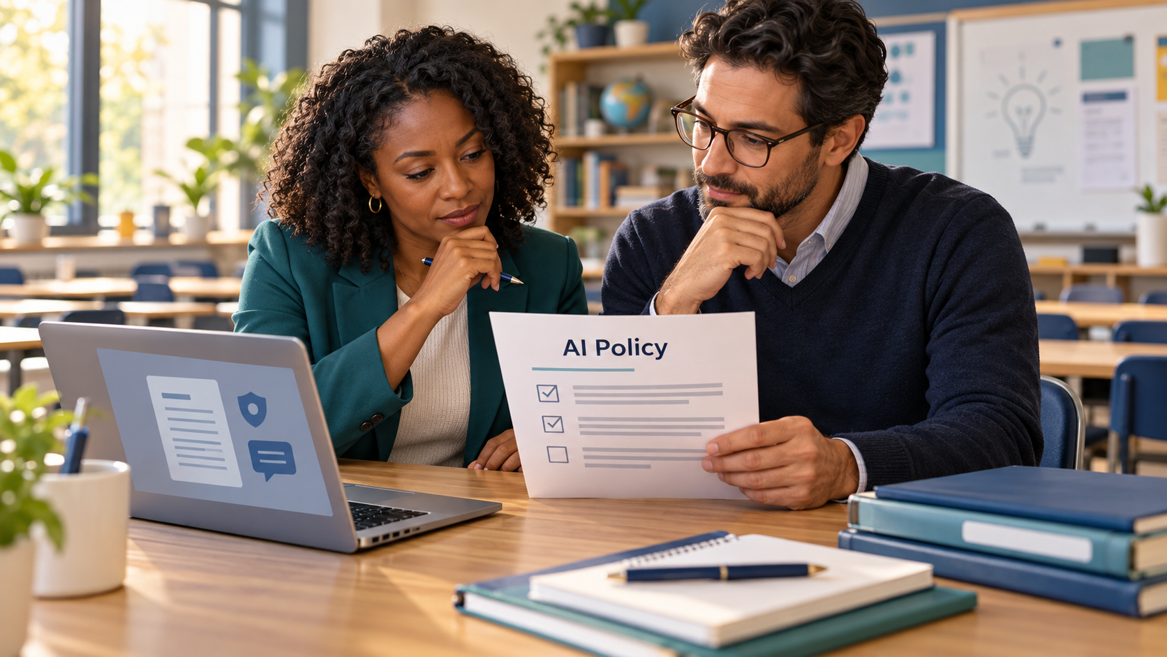 Illustration of instructors reviewing an AI policy document beside a laptop in a training-school office.