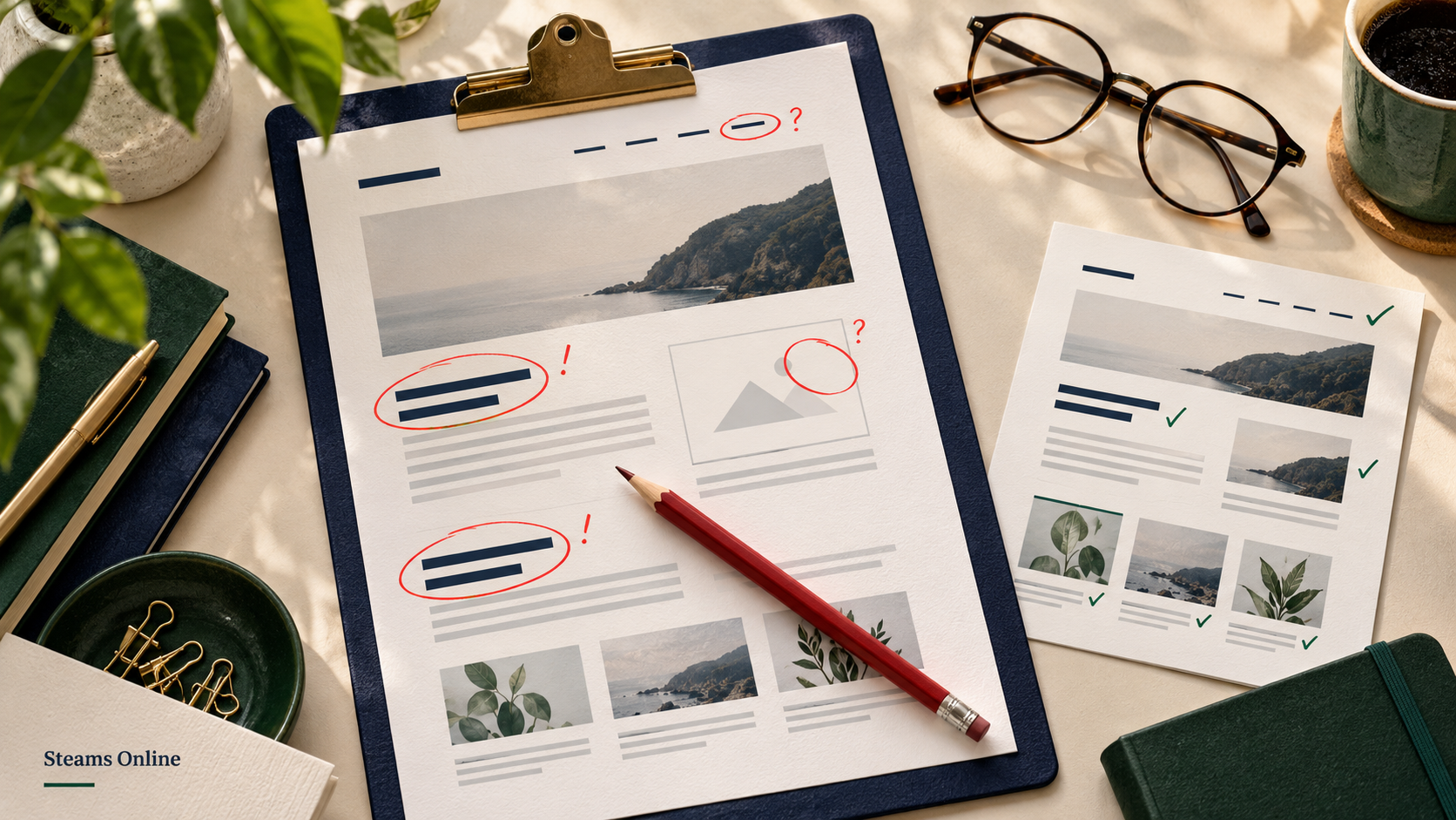 A printed website proof marked with red corrections beside a pencil, glasses, and a revised page with green checks.