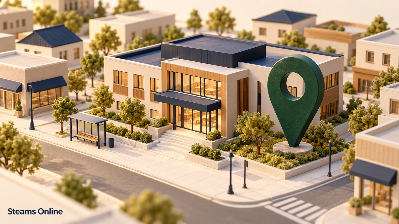 A green location pin beside a miniature training center surrounded by neighborhood buildings, trees, sidewalks, and a bus stop.