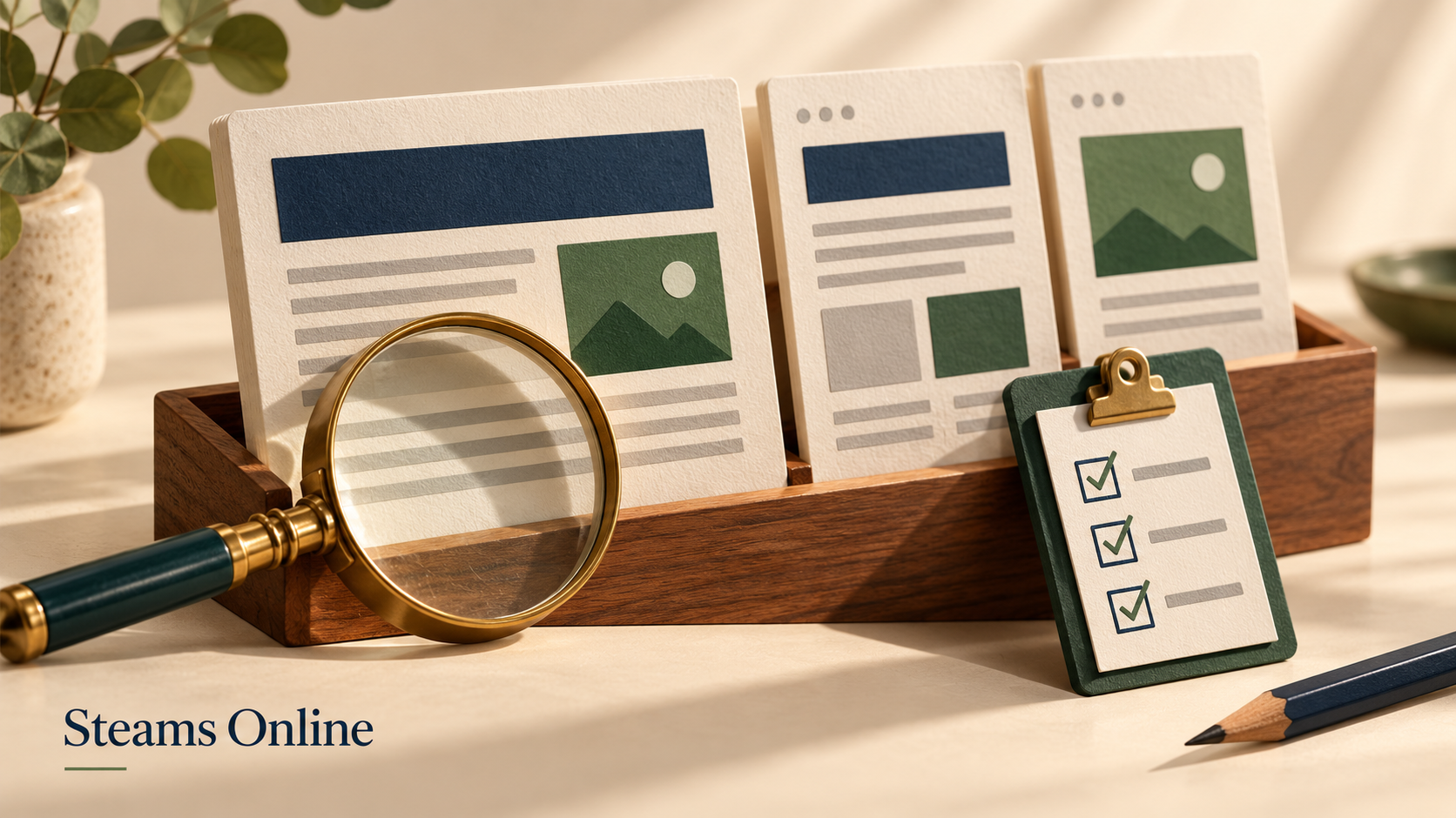 A magnifying glass in front of three sculpted webpage cards and a small green checklist in a wooden organizer.