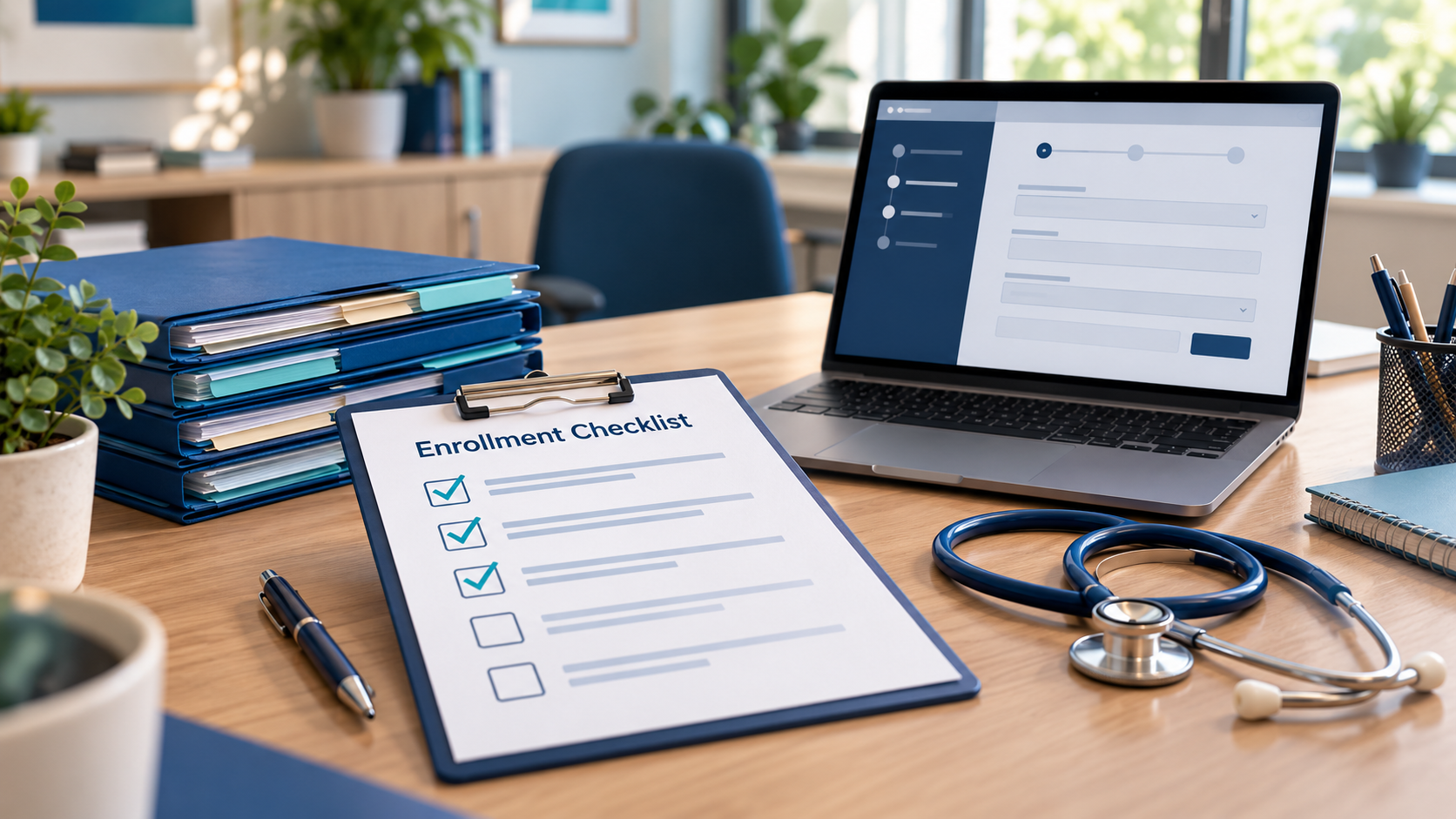 Illustration of a healthcare-school enrollment checklist beside student folders, a laptop, and a stethoscope.