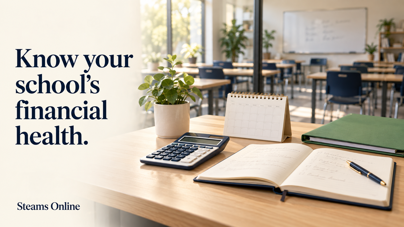 A calculator, planning notebook, and calendar on a desk overlooking a training classroom, beside the headline “Know your school’s financial health.”