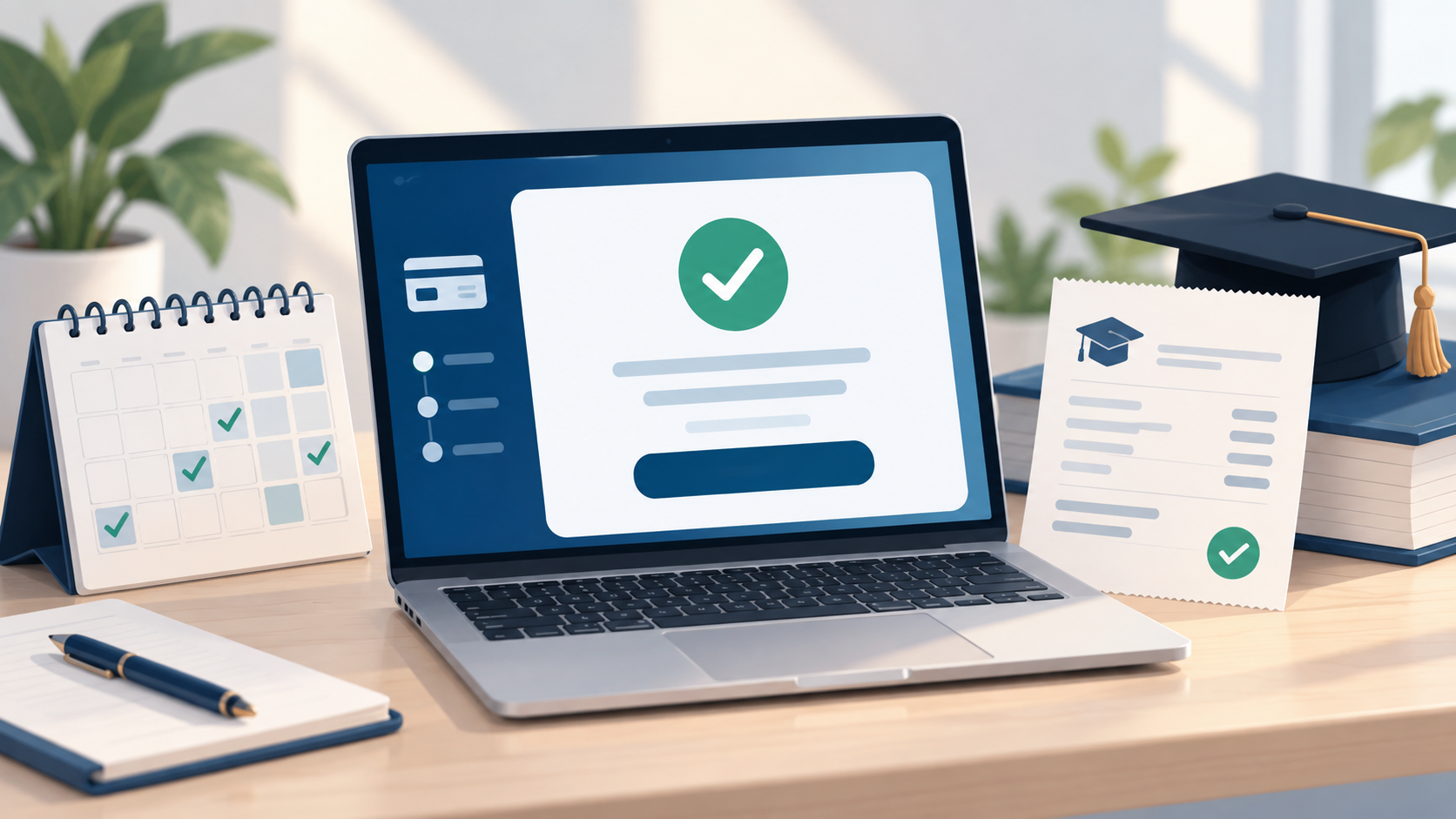 Illustration of a laptop confirming an online class payment beside an installment calendar, receipt, and graduation cap.