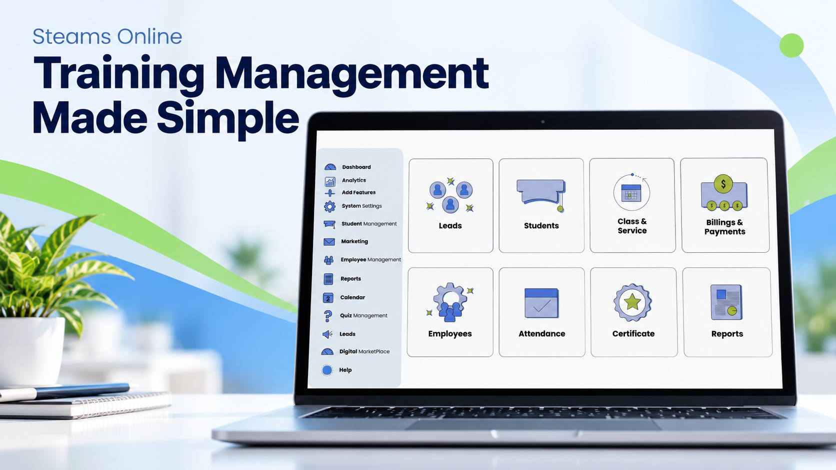 Steams Online dashboard for managing training school operations.