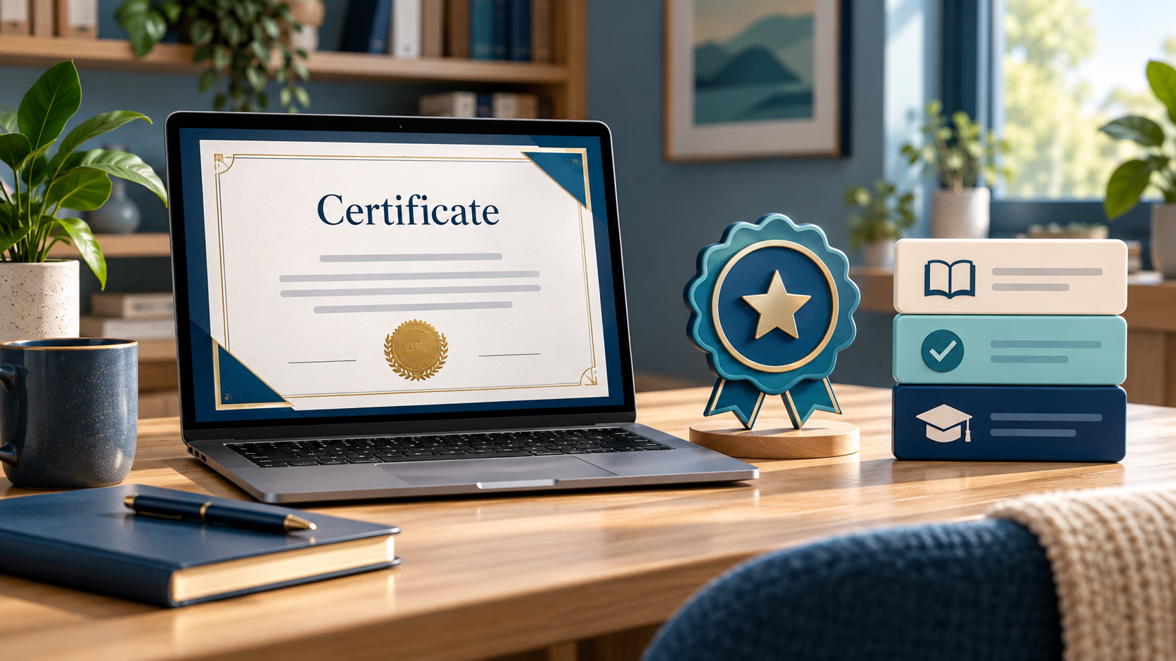 Illustration of a digital certificate, a badge, and a stack of learning achievement cards on a desk.