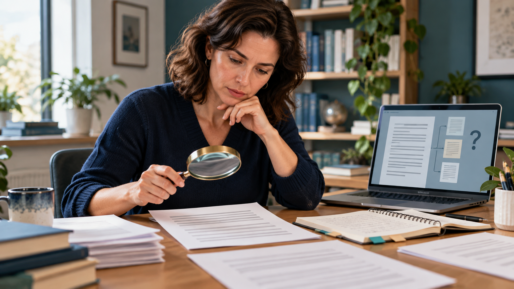 Illustration of an instructor reviewing an assignment and source notes with a magnifying glass beside a laptop.