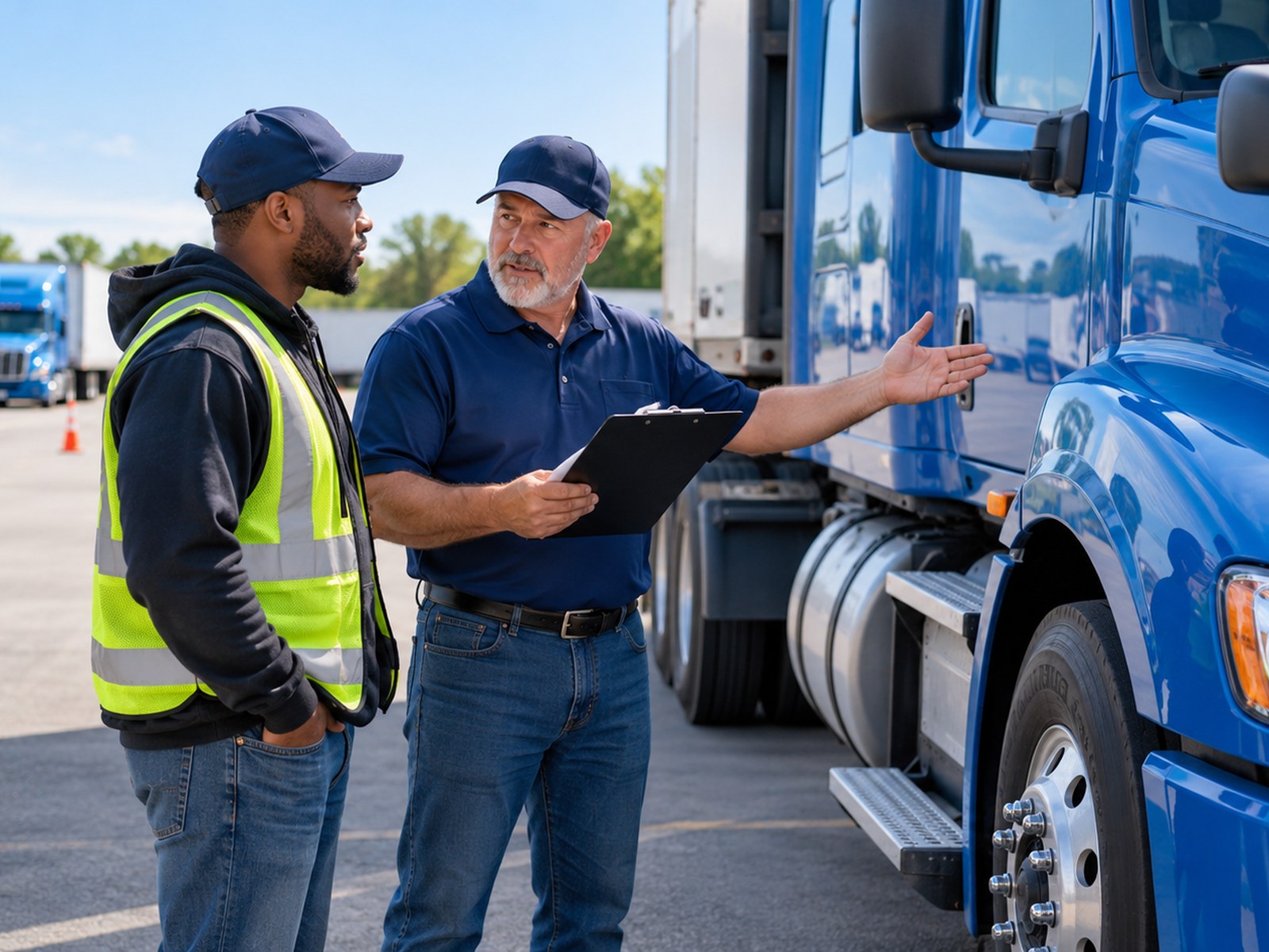 A commercial driving instructor and adult learner reviewing a blue training truck outdoors
