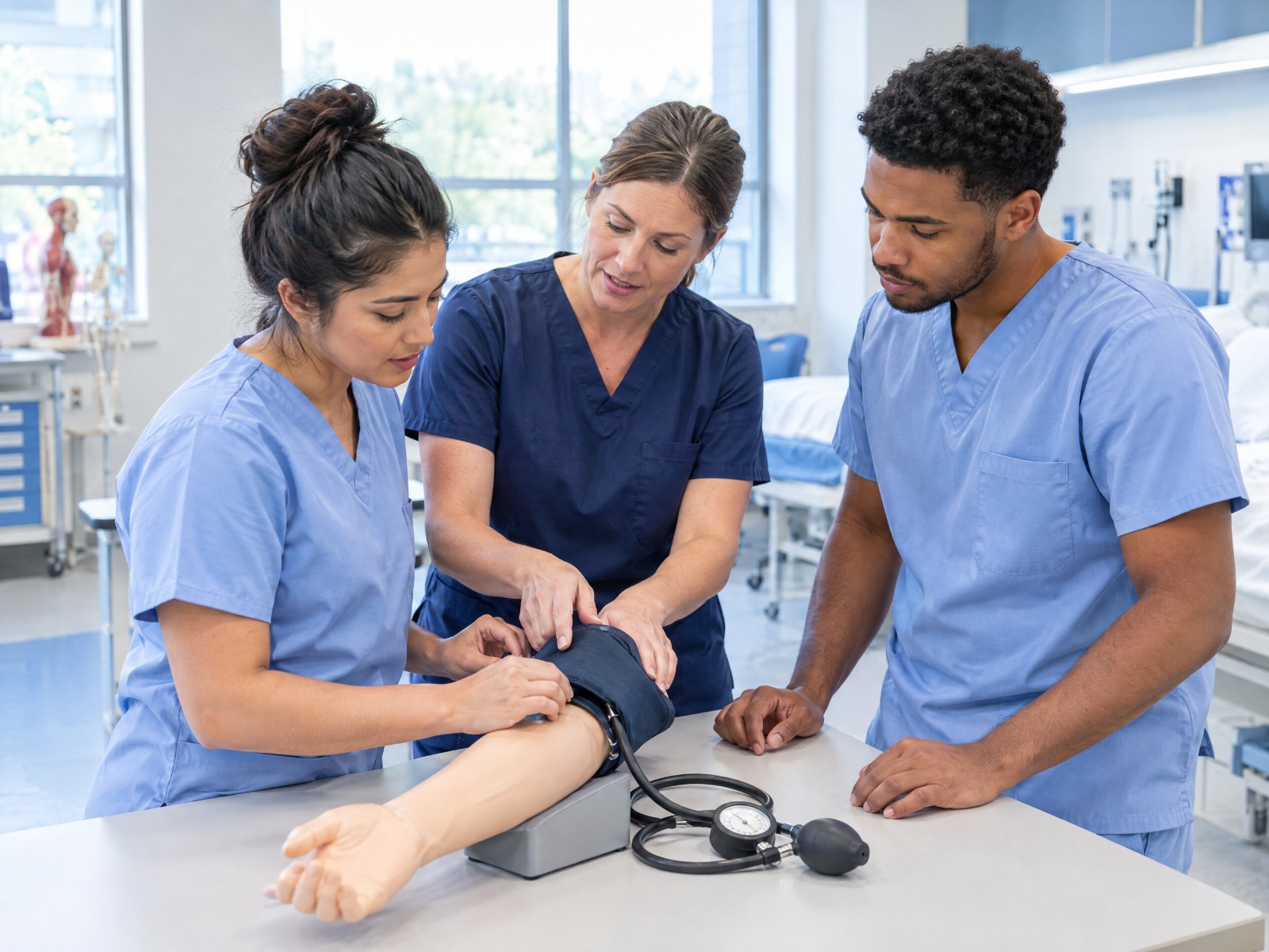 Healthcare instructor guiding adult students in a clinical skills teaching laboratory