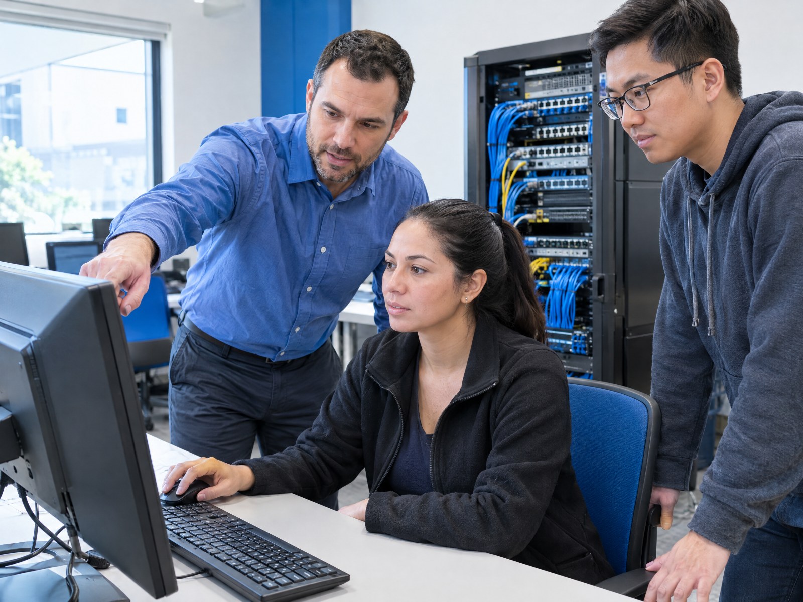 IT instructor helping adult learners at a computer workstation in a technical training lab