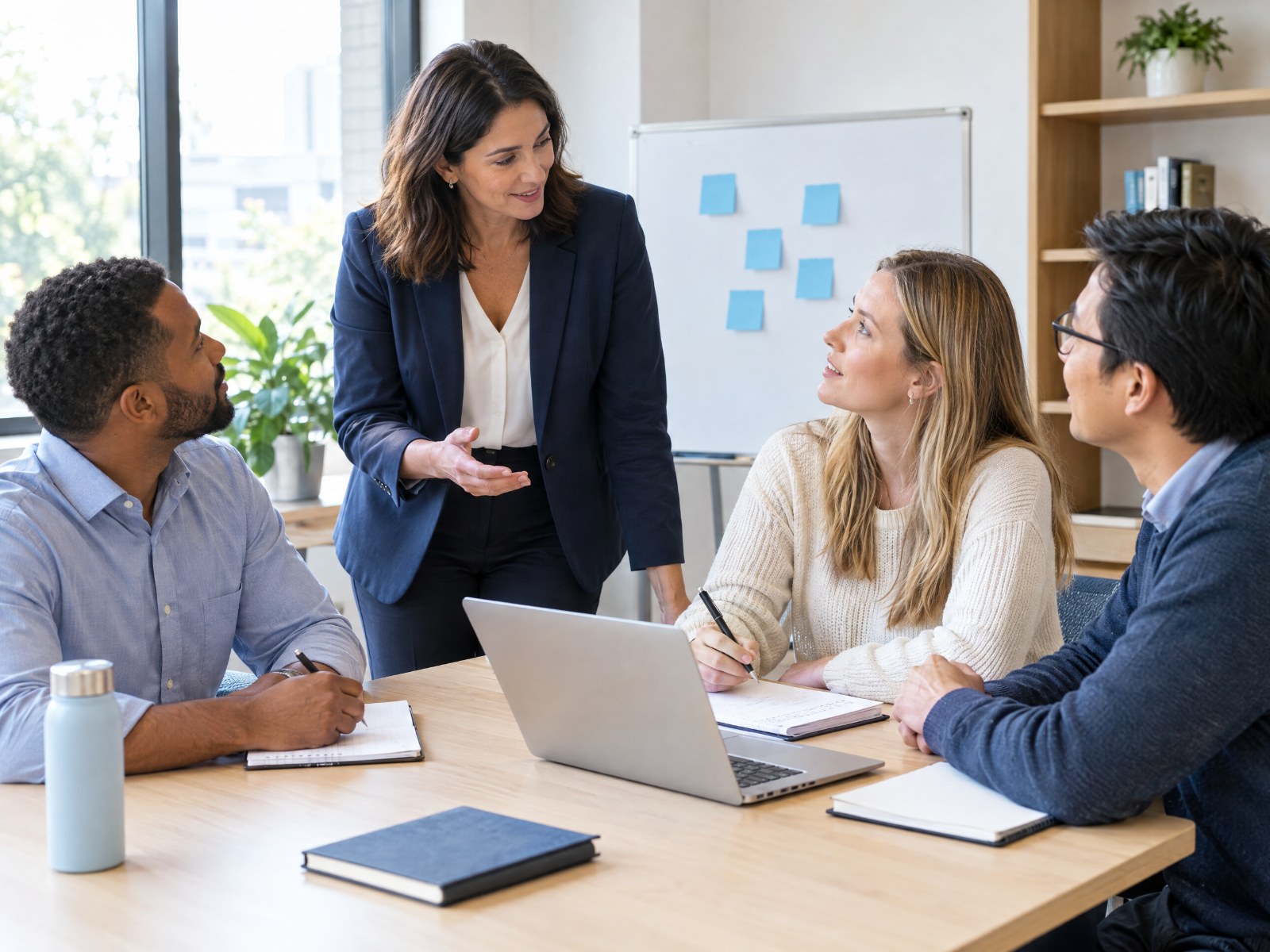 Professional certification facilitator coaching adults around a shared workshop table
