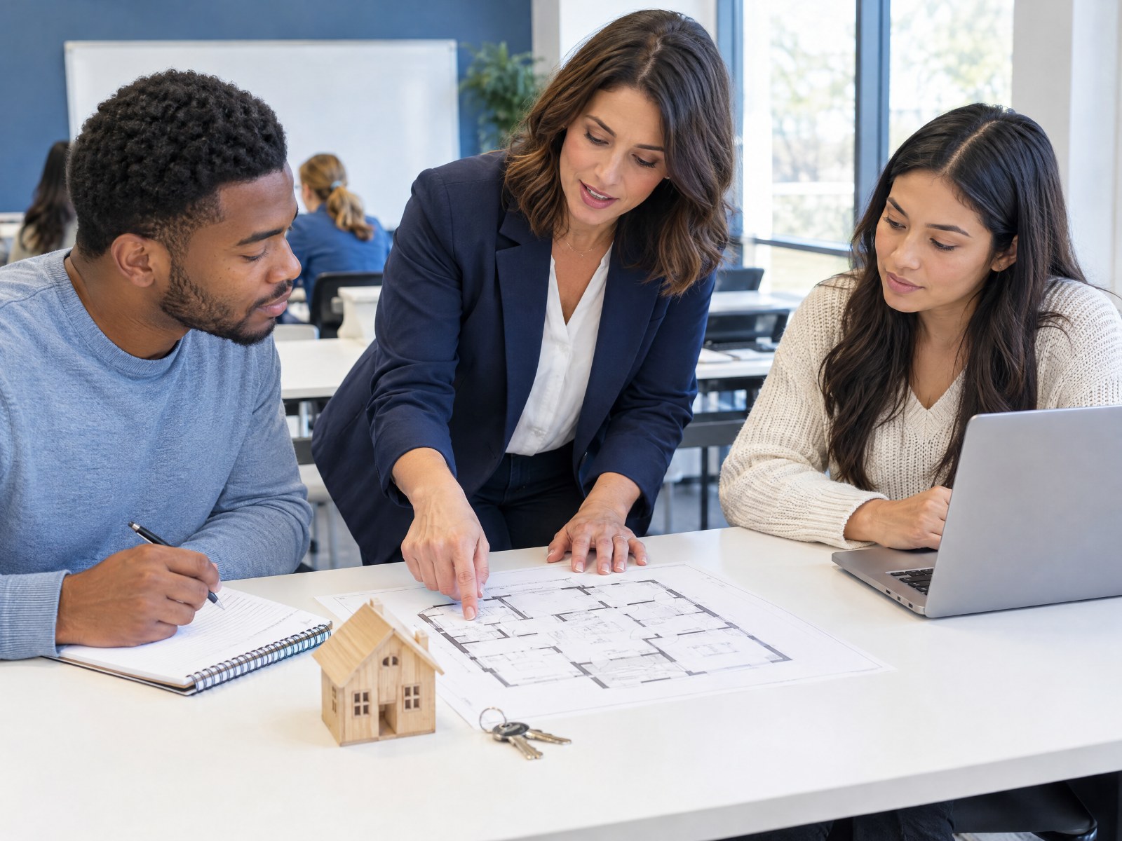 Real estate instructor and adult learners discussing a floor plan beside a house model in a classroom