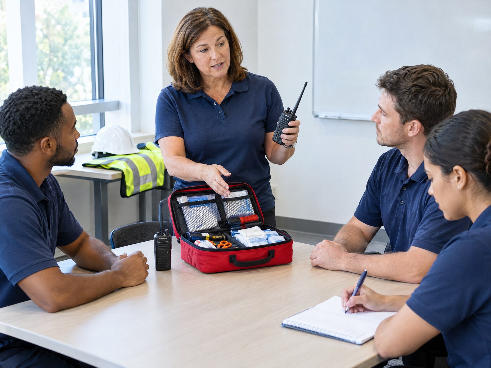 Safety instructor demonstrating a portable radio and first-aid kit to adult trainees in a classroom