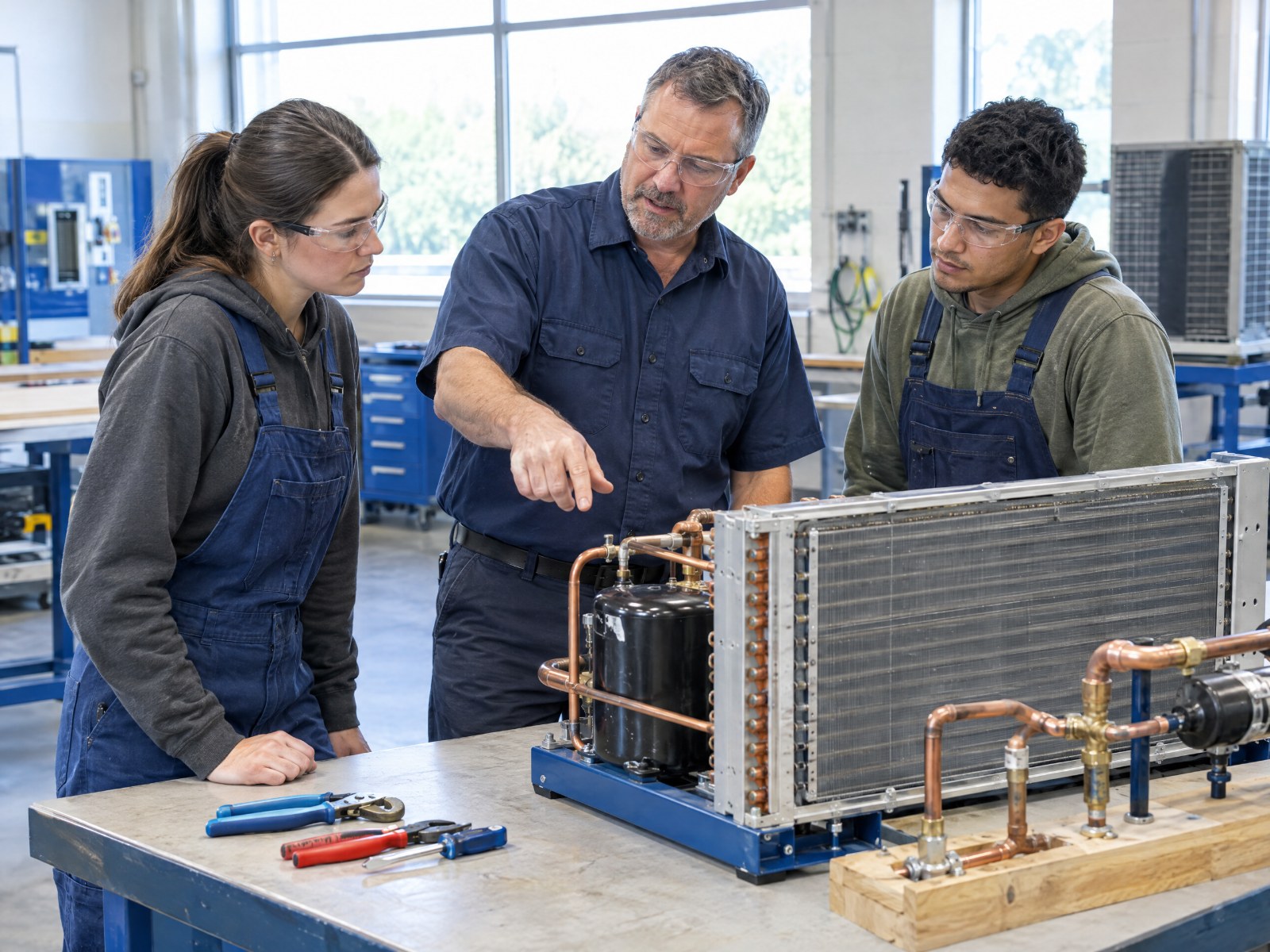 Trades instructor coaching two adult apprentices beside an HVAC training unit in a workshop